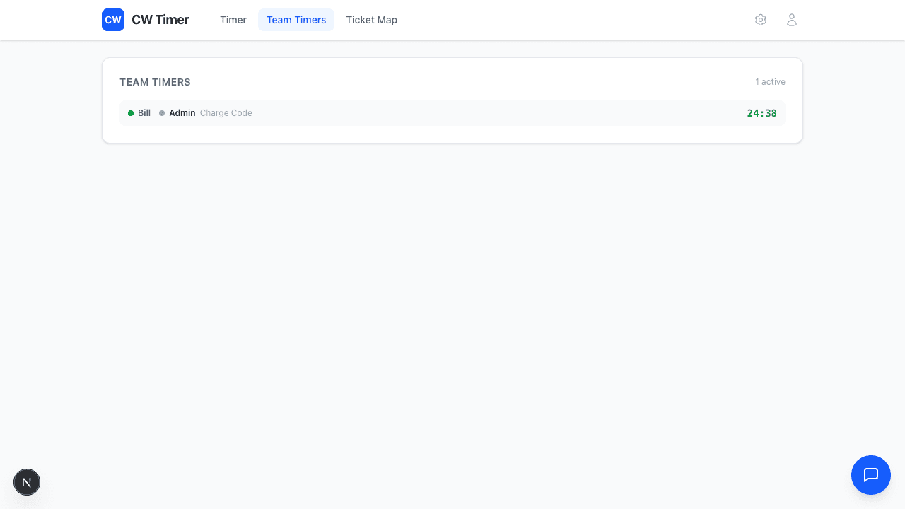CW Timer team dashboard showing active timers for multiple technicians