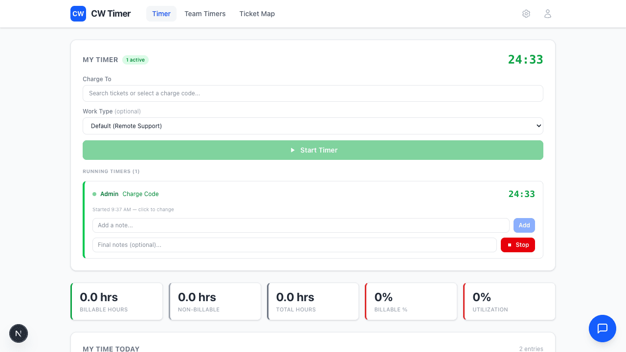 CW Timer main interface showing an active timer on a ConnectWise ticket